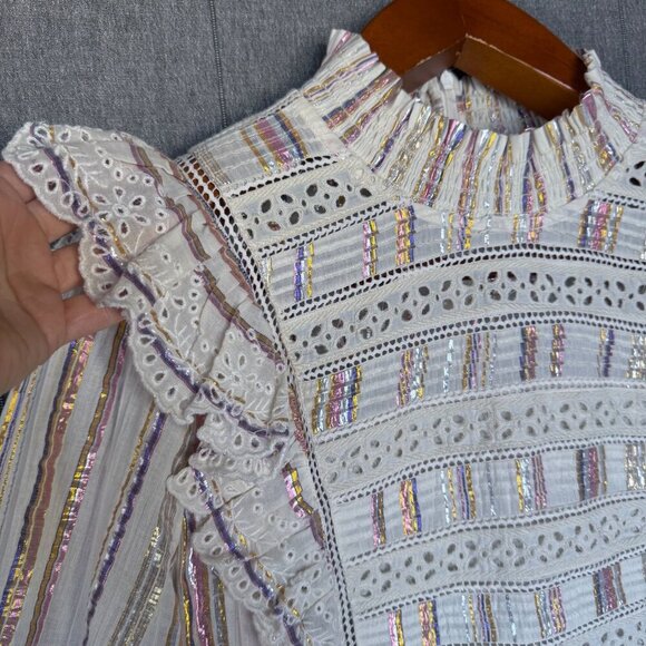 Sea New York Cream Metallic Striped Eyelet Ruffle Long Puff Sleeve Short Dress - Picture 6 of 17